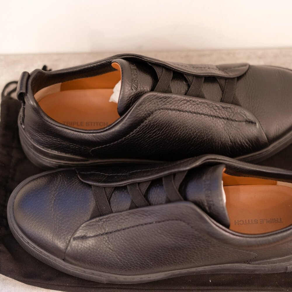 Zegna Men's Triple Stitch Deerskin Leather Sneakers Black Size 42 (EU 8 / US 9)